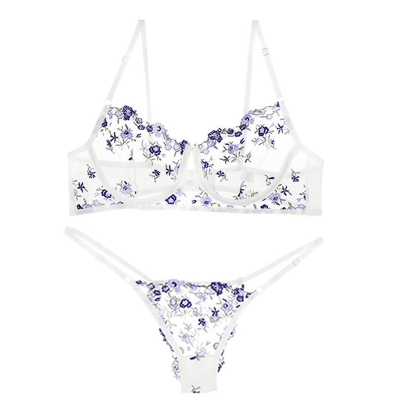 Женский прозрачный сексуальный кружевной бюстгальтер на косточках, тонкий женский комплект нижнего белья Pure Desire с цветочным принтом, стринги, сексуальный комплект нижнего белья S синий
